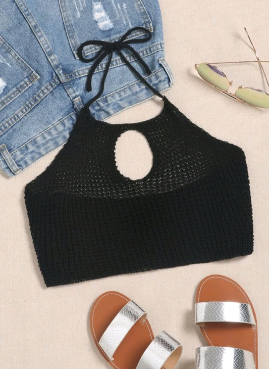 Black Crochet Halter Cropped Top