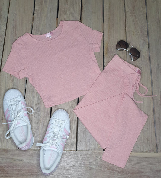 Pink Rib Knit Crop Tee & Legging Set