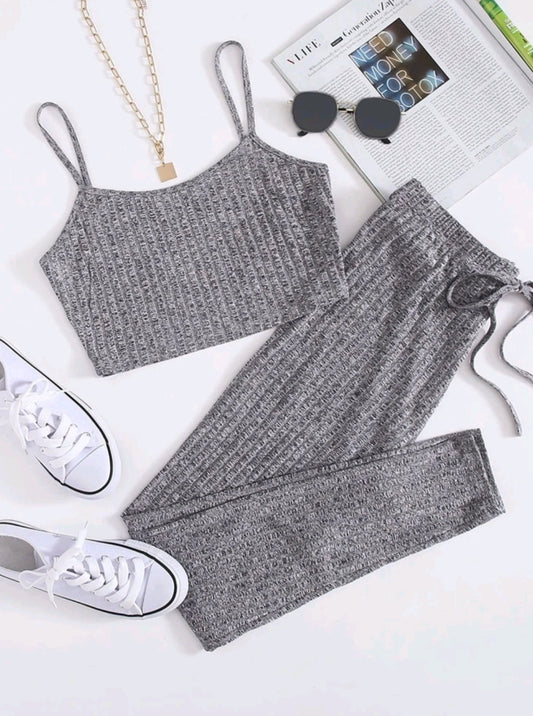 Grey Rib Knit Cropped Vest & Legging Set