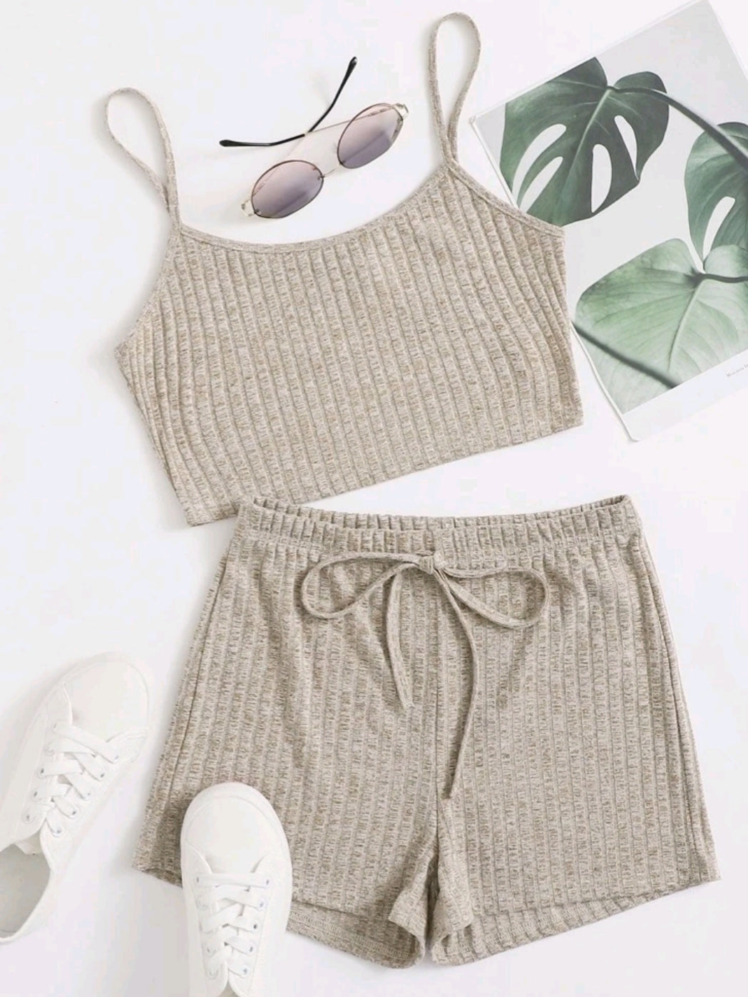 Beige Rib Knit Vest and Short Set