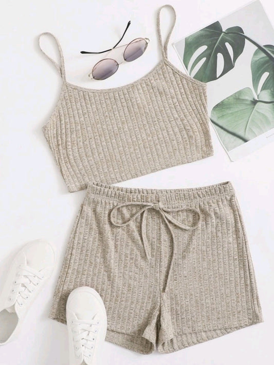 Beige Rib Knit Vest and Short Set